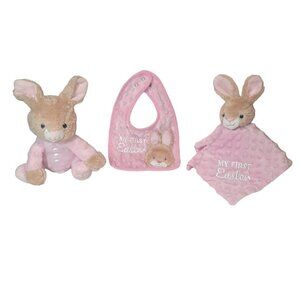 MTY International My First Easter Plush Bunny Minky Dot Rattle Bib Blanket Set